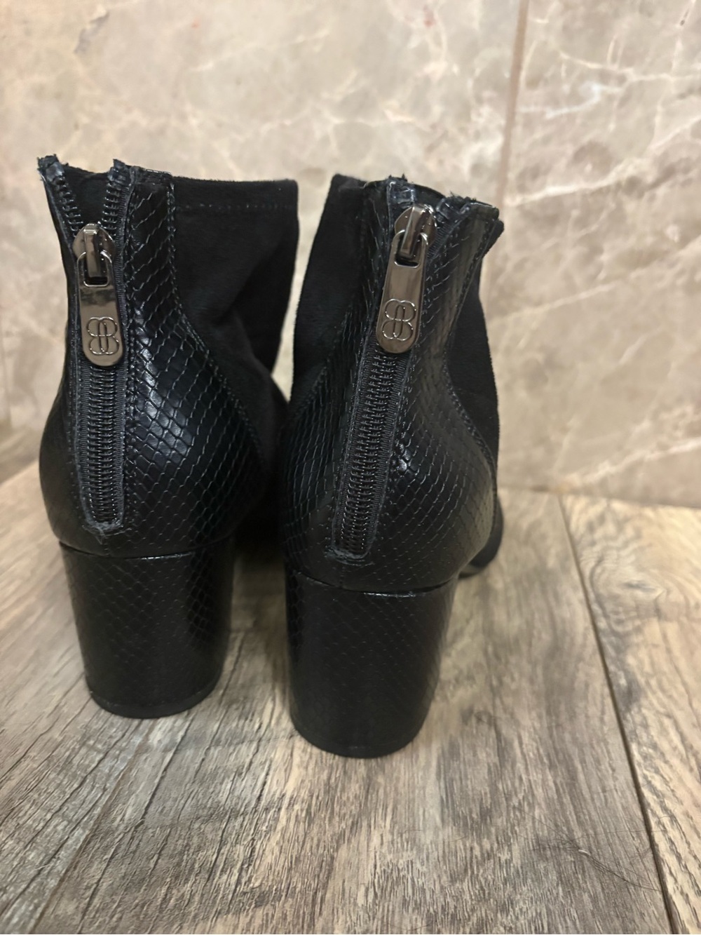 Bandolino Black Suede Ankle Boots with Textured Block Heel - Picture 4 of 8